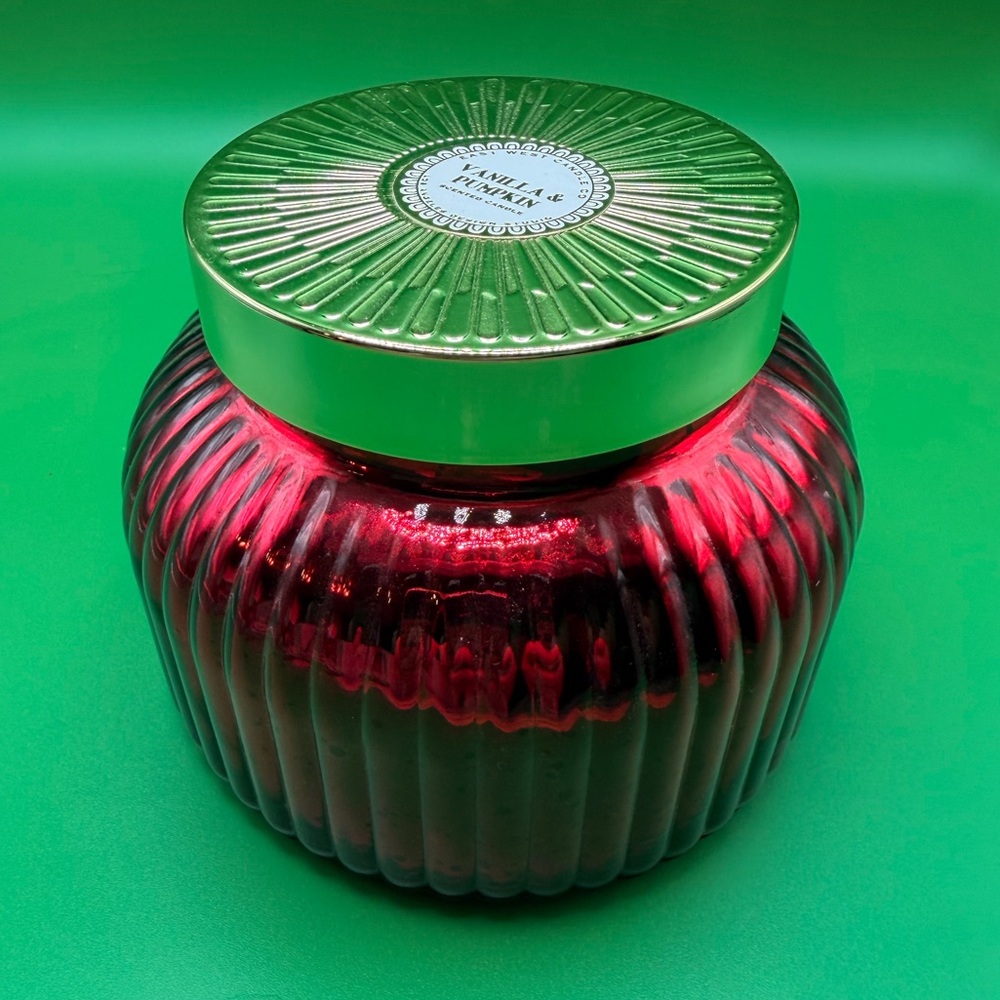 EAST WEST Pumpkin Vanilla Candle BRAND NEW Red Glass